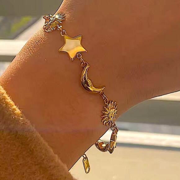 Gold Moon Star Sun Two Piece Chain Bracelet Set - Picture 4 of 10